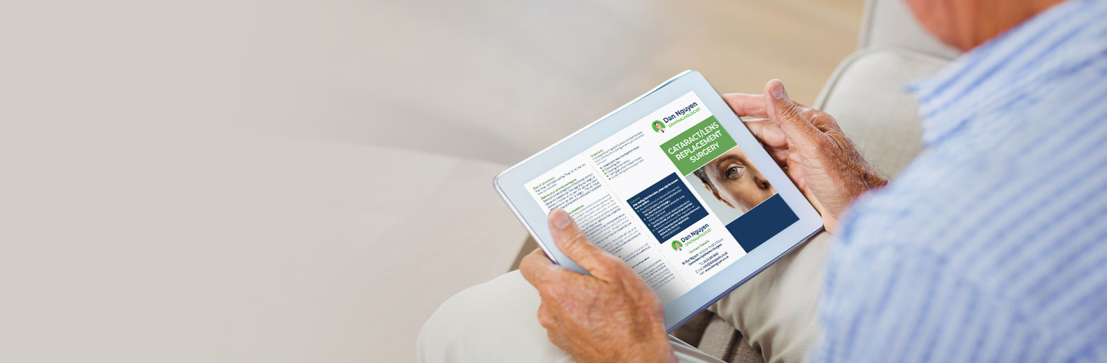 CTA-the-score-guide-v2-Dan-Nguyen-Nguyen-Vision-Wrexham Person sitting on Ipad looking at Dan Nguyen cataract and lens replacement guide