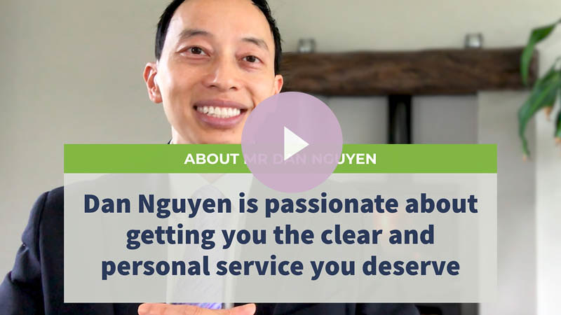 Video thumbnail image of Dan Nguyen the eye surgeon smiling with the headline text described adjacent. The text states "Dan Nguyen is passionate about getting you the clear and personal service you deserve"