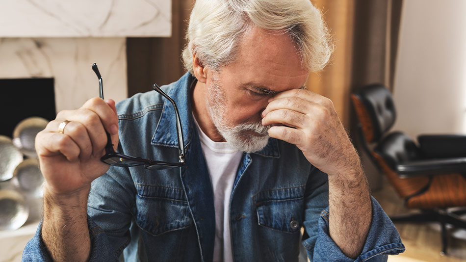 A senior man sat with glasses his hand holding the bridge of his nose